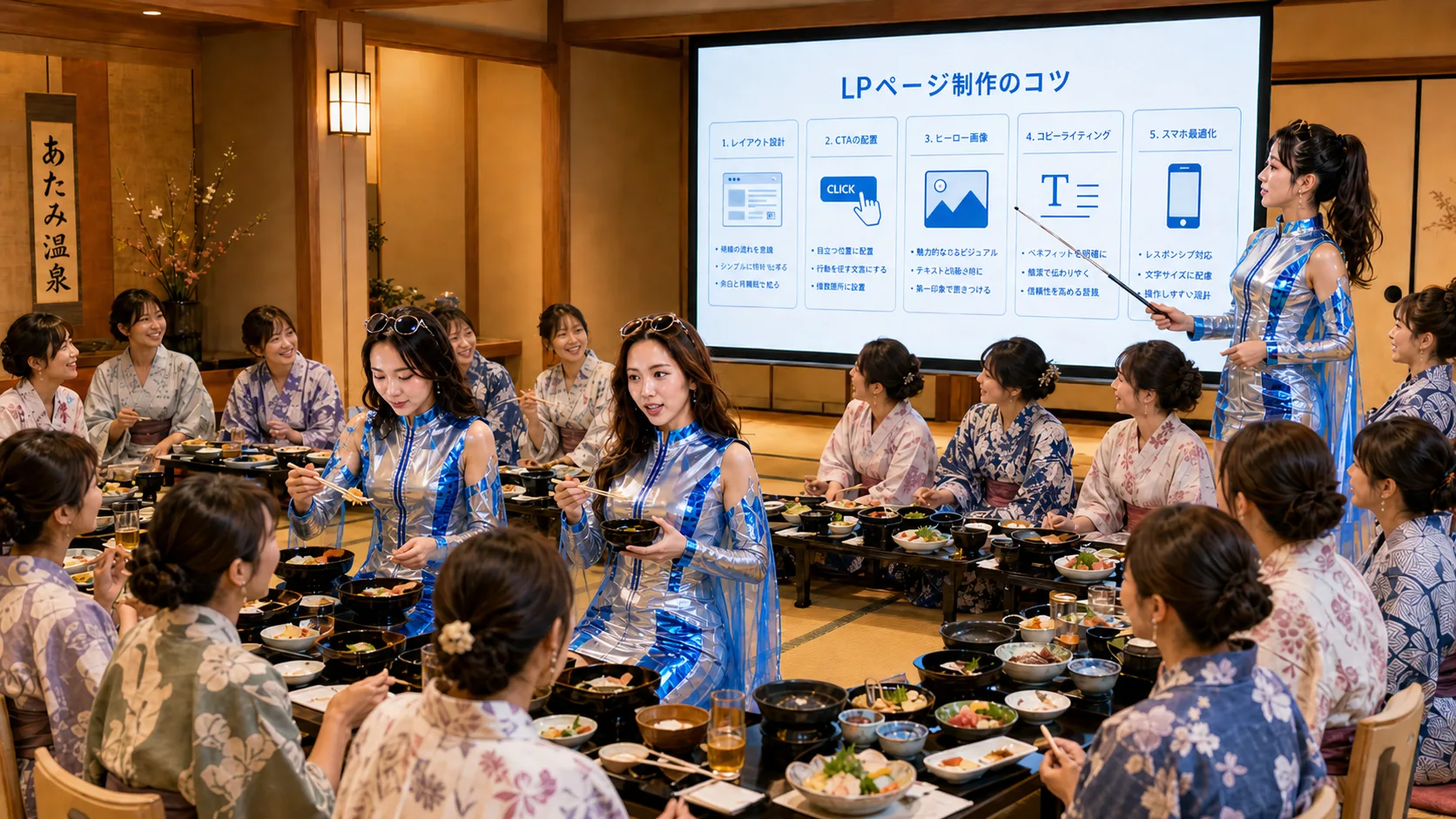 みんなで御膳を囲んで食事をする様子