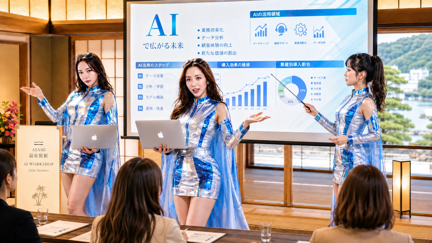 一つの部屋に集まり、AI活用のナレッジを共有する様子