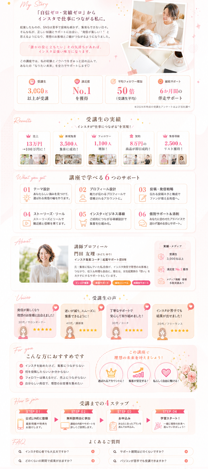 受講生の実績、講座で学べる6つのサポート、講師プロフィール、受講生の声、おすすめの方、受講までの4ステップ、よくあるご質問